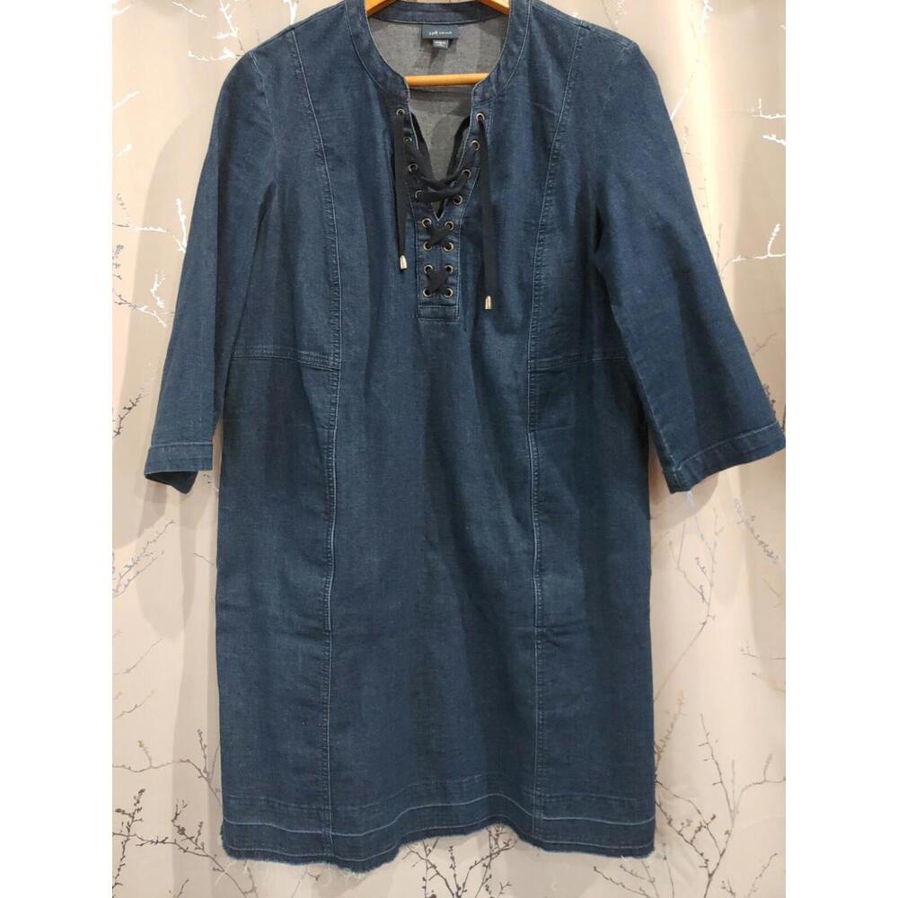 J Jill Denim Tunic Shift Dress Medium corset Pockets Chambray Tencel 3/4 Sleeve
